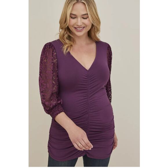 TORRID SIZE 1 LACE V-NECK RUCHED FRONT LONG SLEEVE TOP SIZE 14-16, 1X - Picture 2 of 5